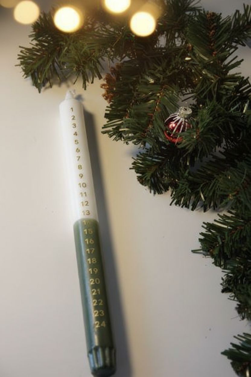 Adventskalender-Kerze mit Nummerierung von 1 bis 24 neben grünem Tannenzweig und roten Christbaumkugeln unter warmem Licht