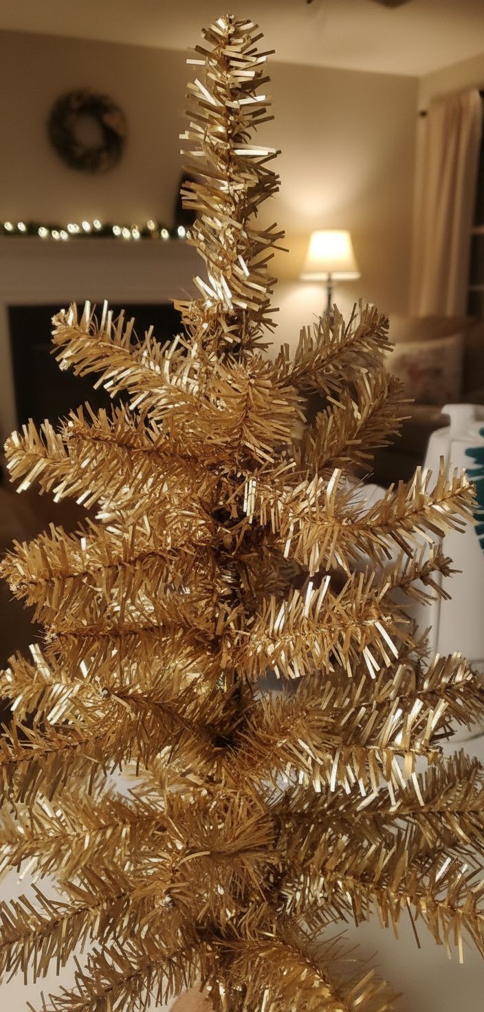 Eleganter goldener Weihnachtsbaum mit glänzenden Lametta-Zweigen in weihnachtlich dekoriertem Wohnzimmer