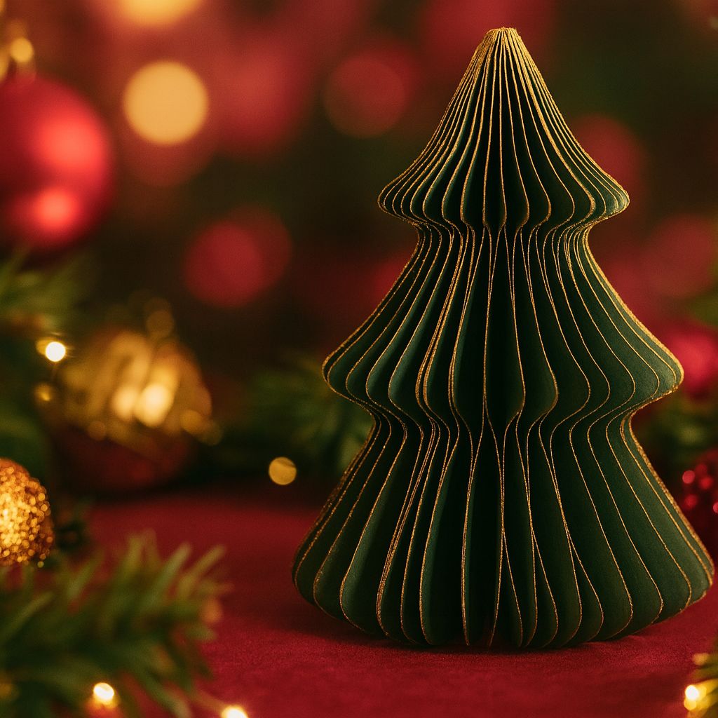Eleganter grüner Weihnachtsbaum mit feinen Goldlinien auf rotem Untergrund, umgeben von roten und goldenen Weihnachtskugeln.