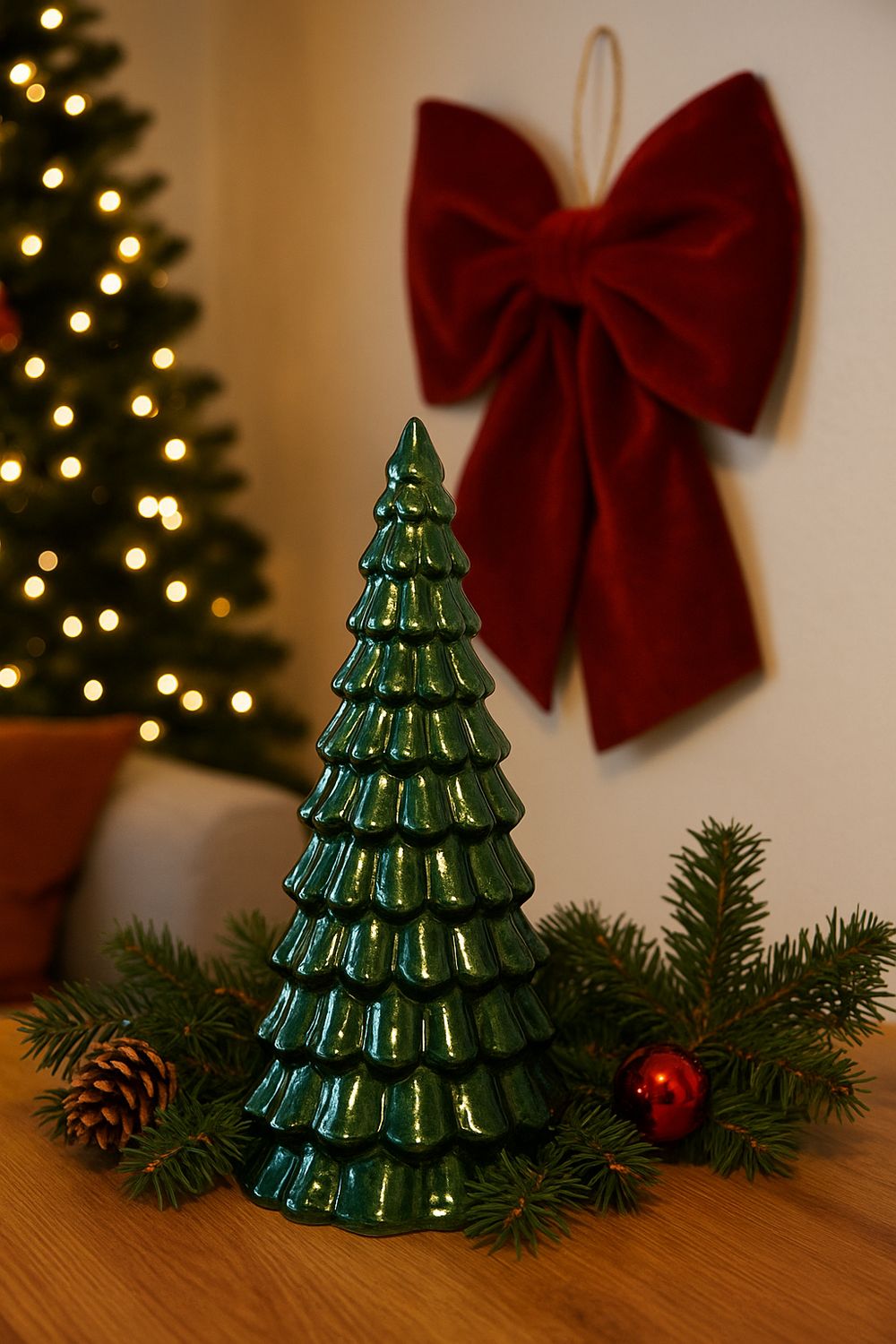 Glänzender grüner Keramik-Weihnachtsbaum auf Holztisch mit Tannenzweigen, Zapfen und roter Kugel, im Hintergrund beleuchteter Christbaum und rote Samtschleife.