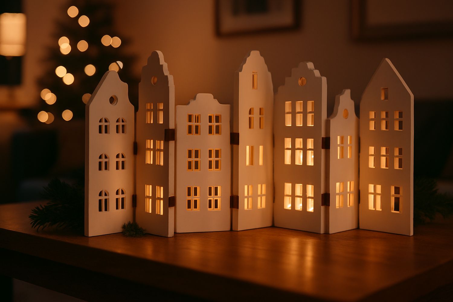 Sieben beleuchtete Porzellan-Miniaturhäuser in Weiß mit warmem Licht in den Fenstern auf Holztisch neben Weihnachtsbaum