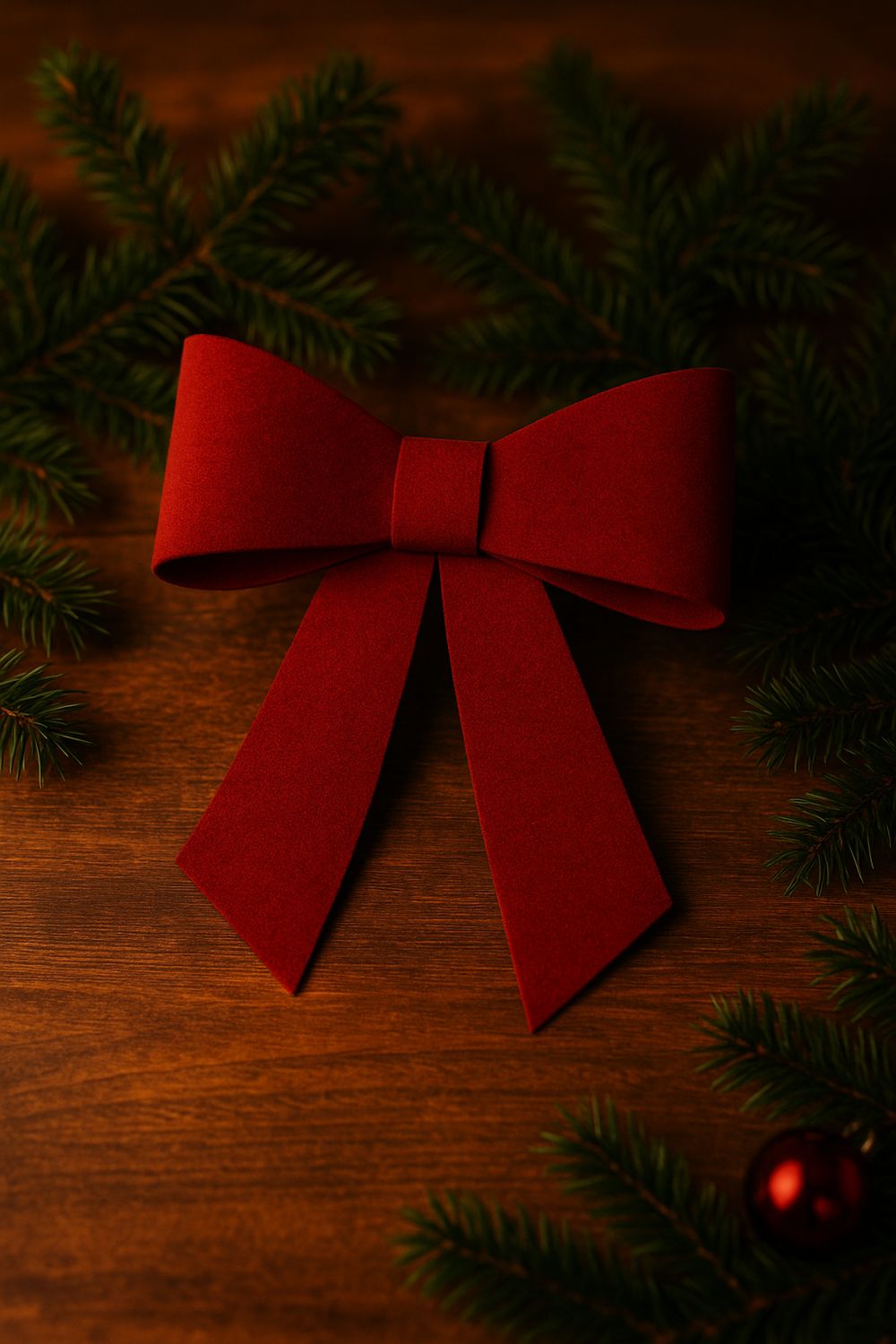 Elegante rote Samtschleife auf Holzuntergrund umgeben von grünen Tannenzweigen und roten Weihnachtskugeln.