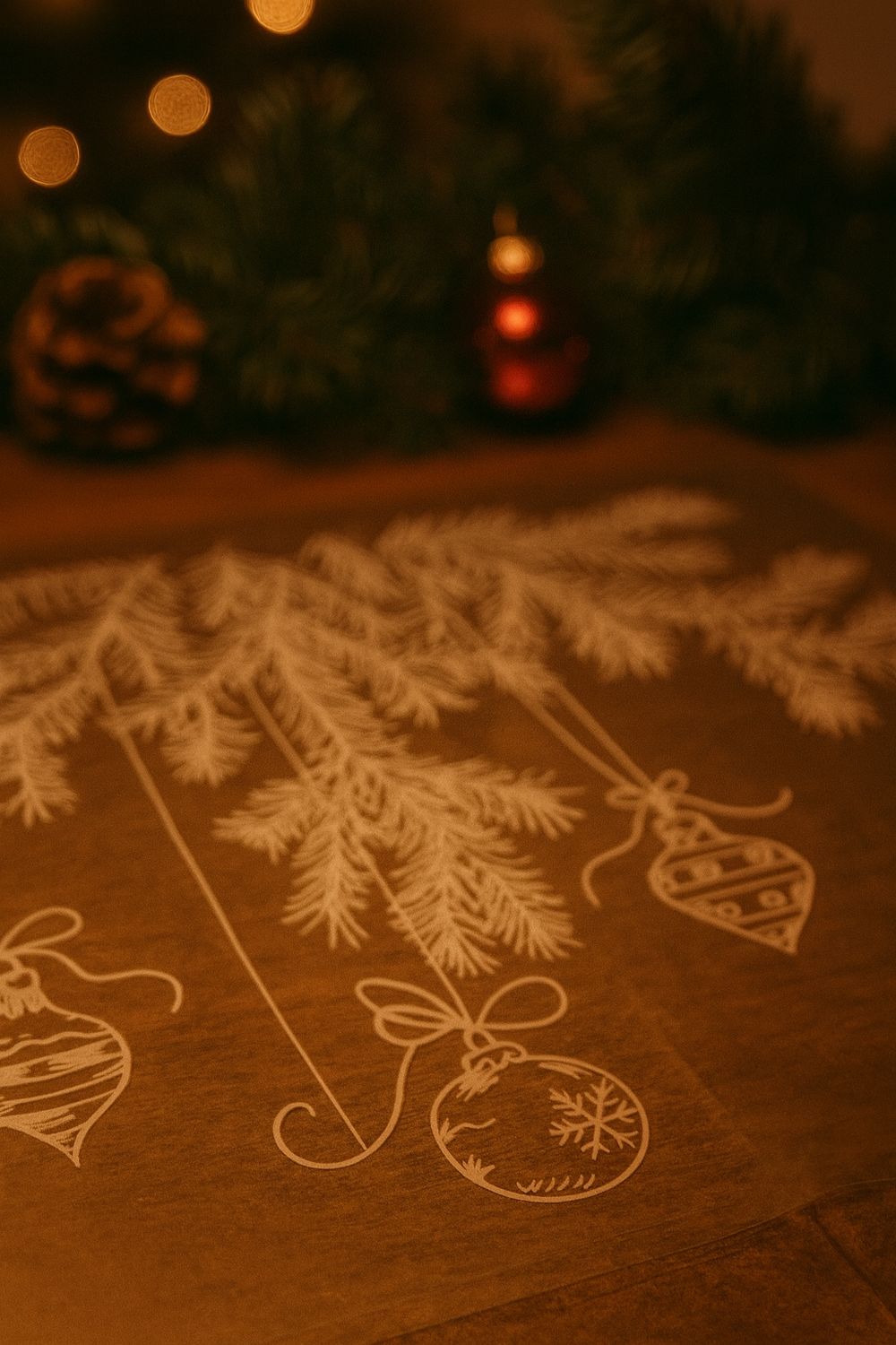 Flatlay einer Weihnachtsbox mit bedruckten Tannenzweigen, Christbaumkugeln und warmer Beleuchtung im Hintergrund