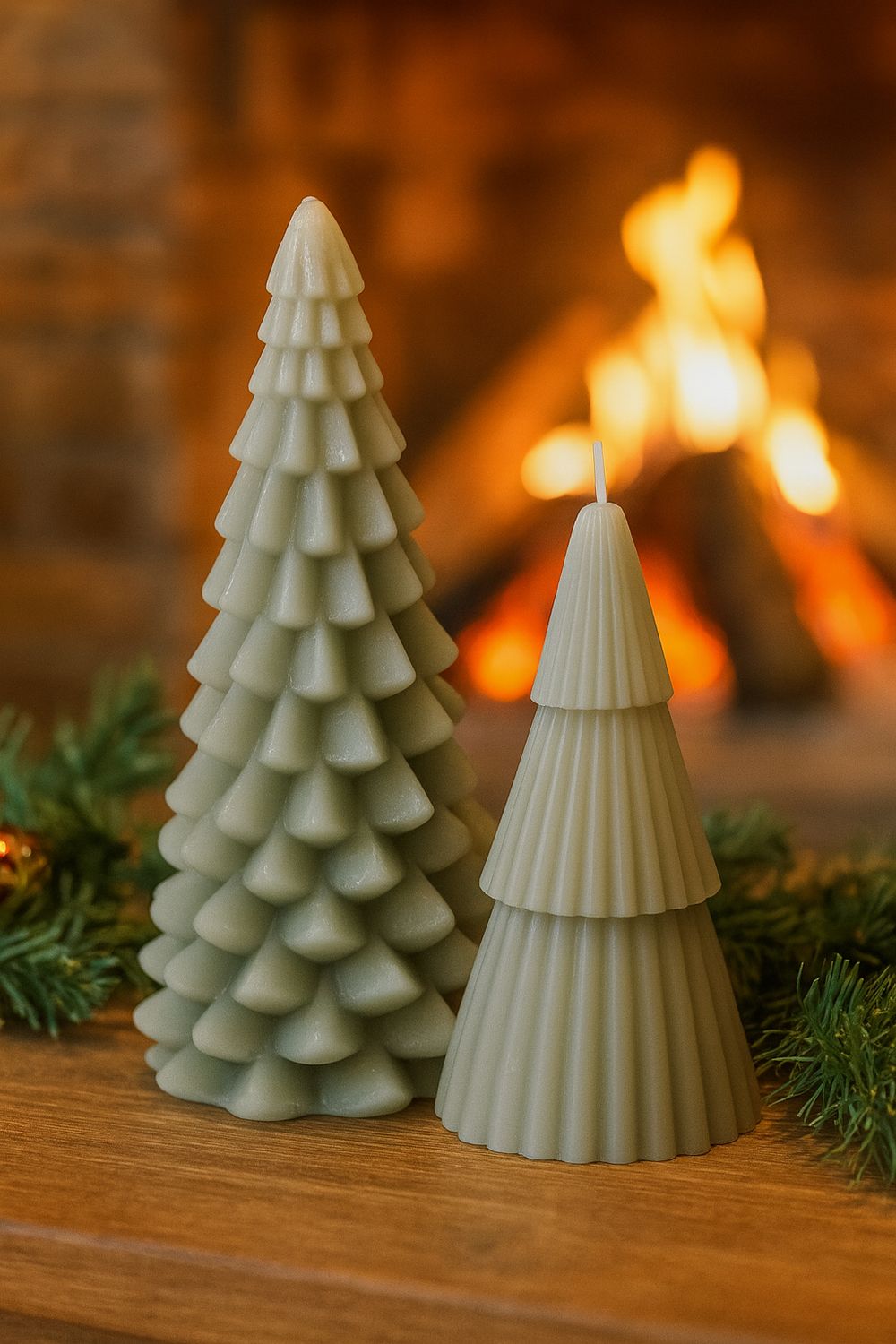 Zwei cremefarbene Weihnachtsbaum-Kerzen aus Wachs stehen auf Holz vor loderndem Kaminfeuer mit grünen Tannenzweigen.