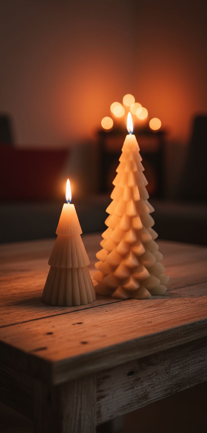 Zwei gestapelte Weihnachtsbaumkerzen aus Wachs mit brennenden Flammen auf Holztisch vor unscharfem Hintergrund mit warmen Lichtern