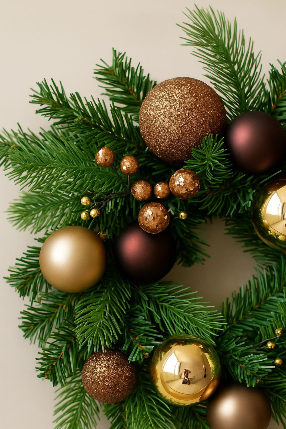 Evergreen-Kranz mit glänzenden Weihnachtskugeln in Gold, Bronze und dunklem Rot sowie kleinen dekorativen Beeren