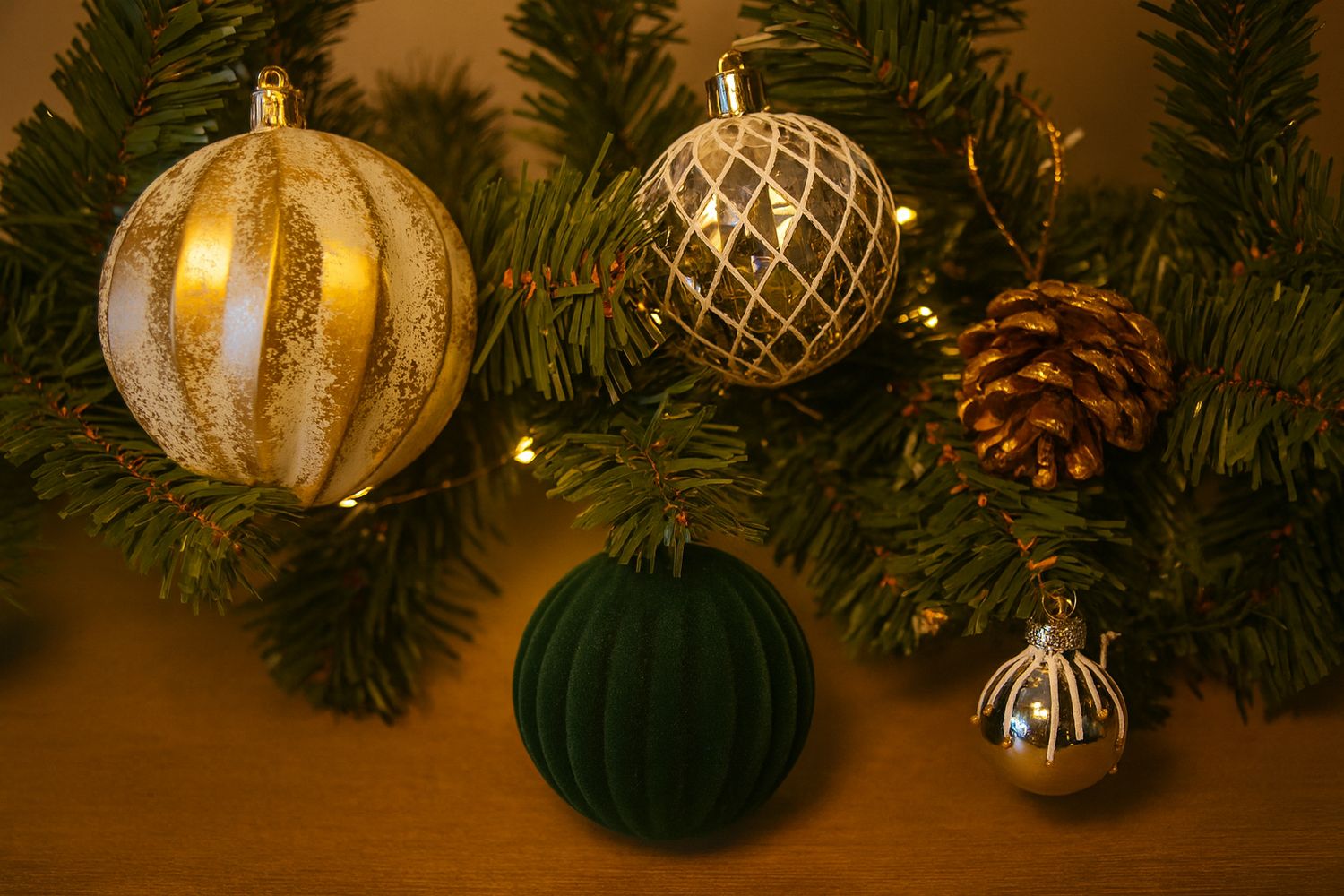 Elegante Weihnachtsdeko mit goldenen und grünen Kugeln, Pinecones und Tannenzweigen auf warmem Untergrund.