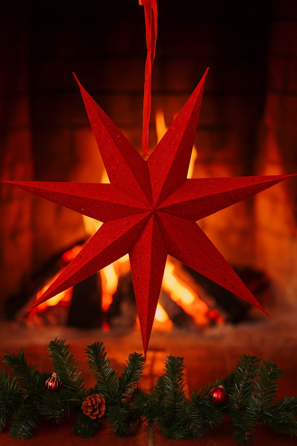 Großer roter Weihnachtsstern hängend vor loderndem Kaminfeuer mit grünen Tannenzweigen und roten Kugeln im Vordergrund