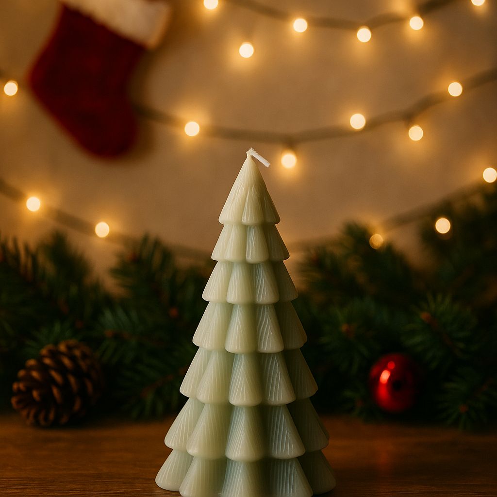 Elegante weiße Kerze in Weihnachtsbaumform umgeben von grünen Tannenzweigen, Zapfen und festlicher Beleuchtung.