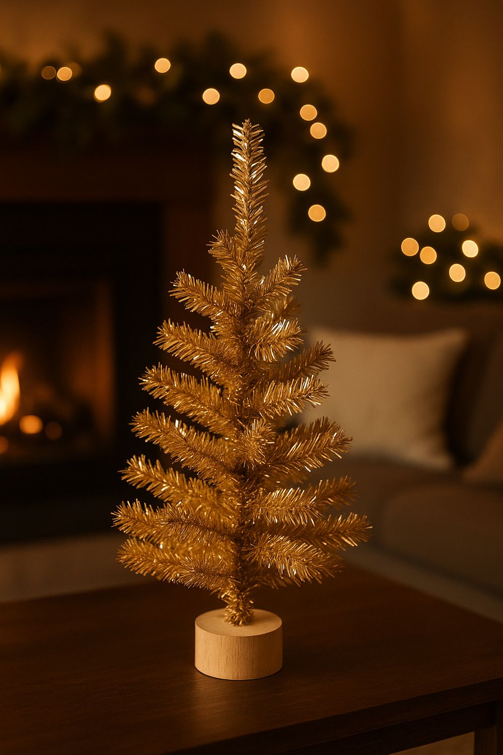 Eleganter goldener Weihnachtsbaum aus Metall mit Holzsockel auf dunklem Tisch vor unscharfem Bokeh-Hintergrund mit warmem Licht.