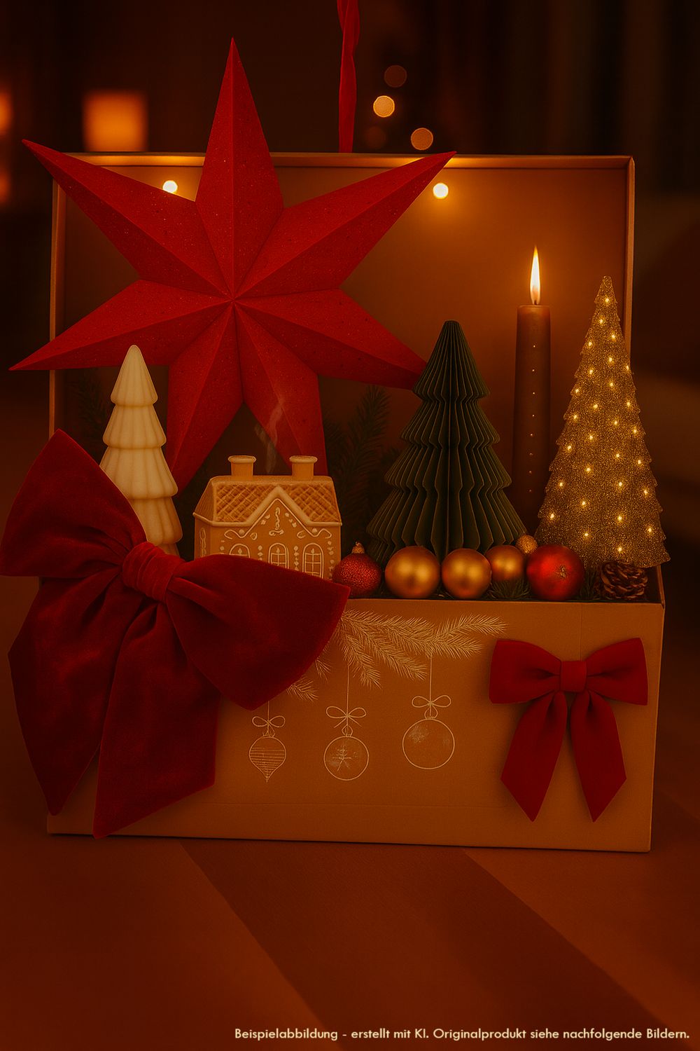 Elegante Geschenkbox in Gold mit großem rotem Stern, Miniatur-Weihnachtsbäumen, Gingerbread-Haus, Kerze und goldenen Kugeln