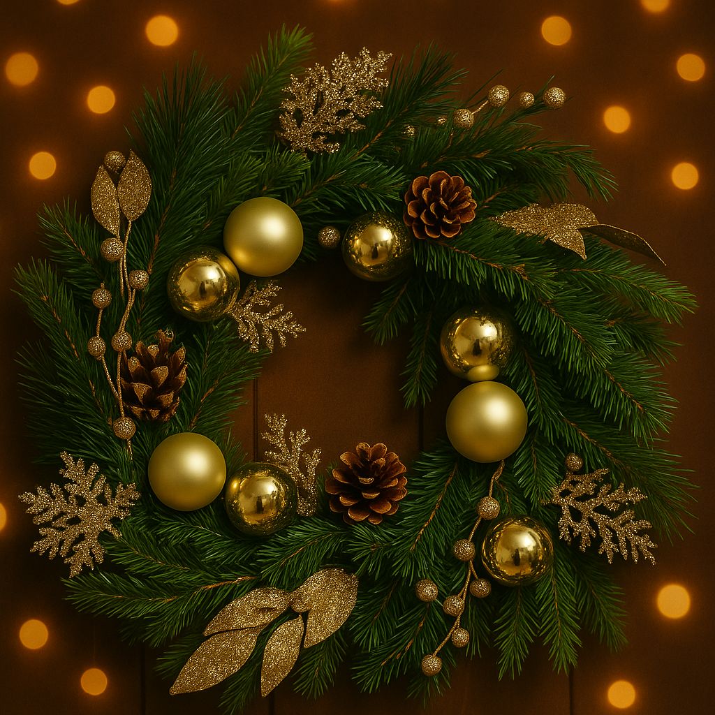 Eleganter Weihnachtskranz aus grünem Tannengrün mit goldenen Kugeln, Zapfen, Glittersternchen und goldener Schleife auf warmbraunem Hintergrund mit Lichterbokheh.