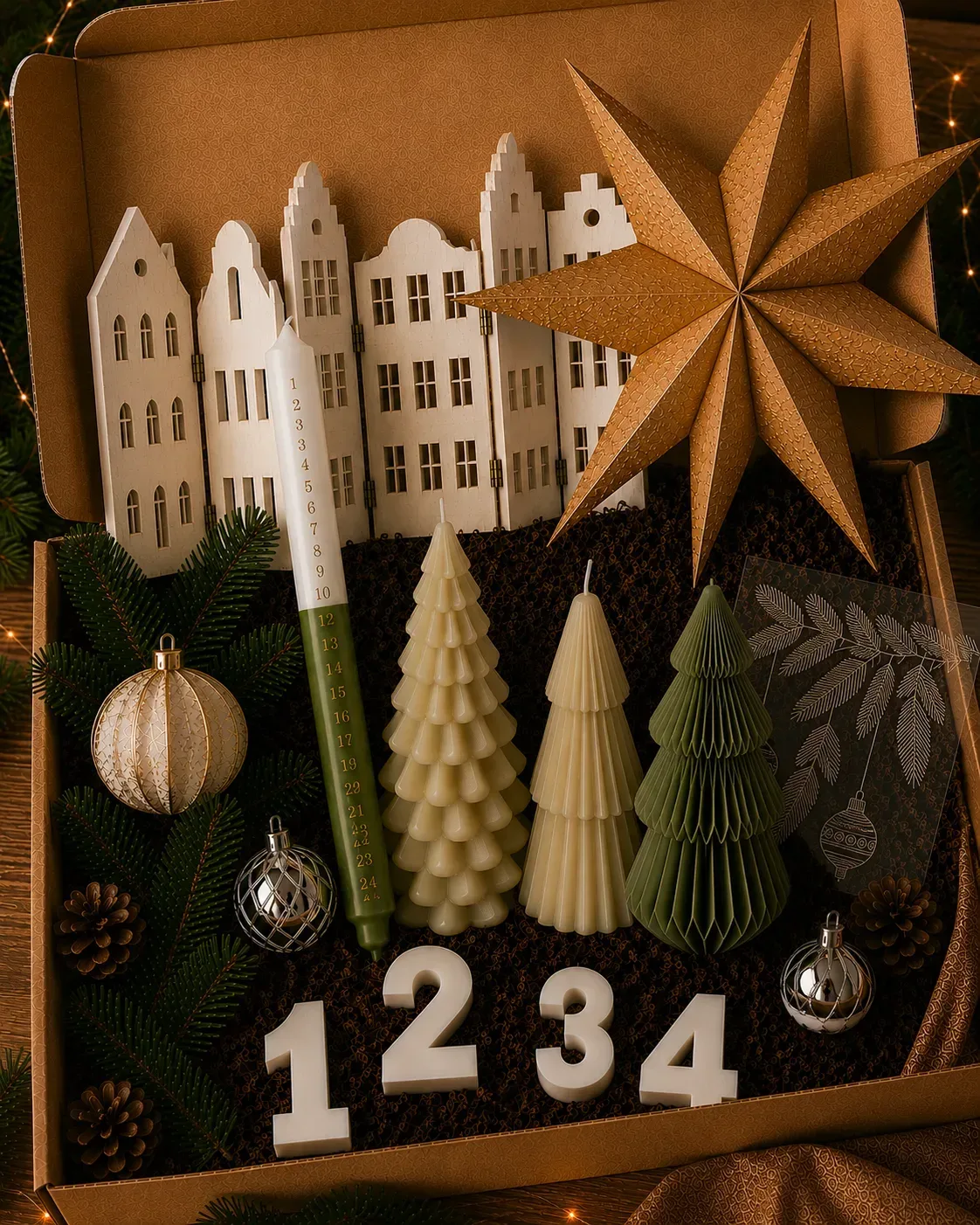 Aufgestellter Adventskalender in brauner Schachteln mit weißen Papierhäusern, gestaffelten Kerzen, goldenem Stern, Tannenzweigen und Weihnachtskugeln.
