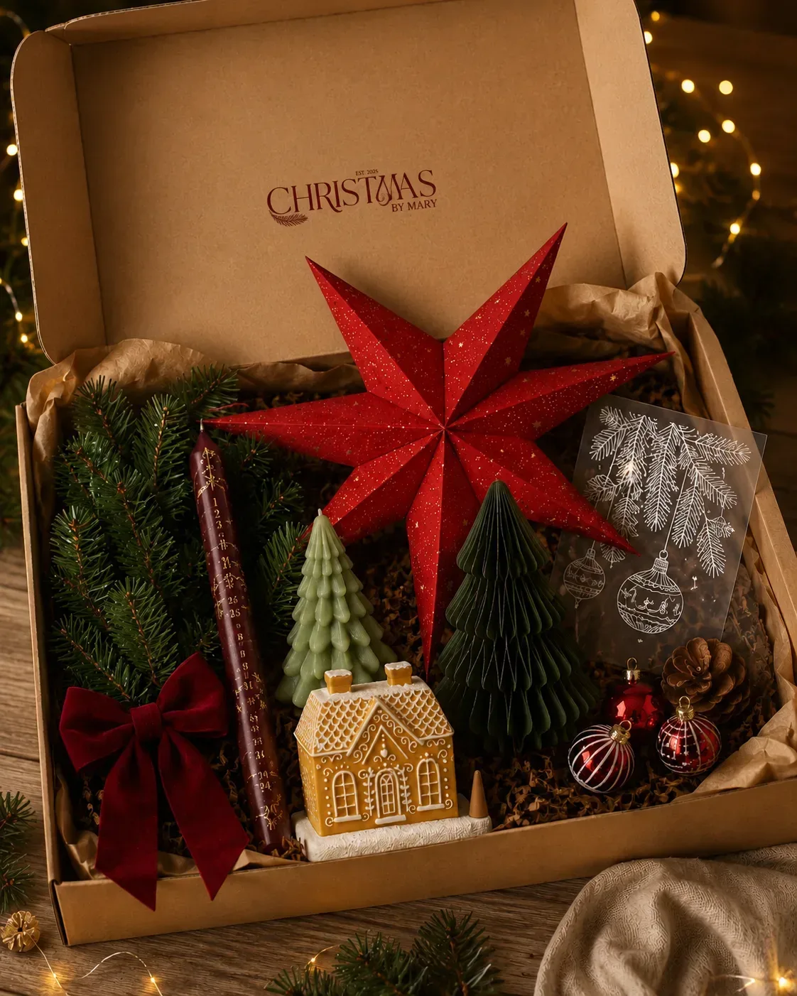 Elegante Geschenkbox von Christmas by Mary mit großem roten Glitzerstern, grünen und schwarzen Papierbäumen, Lebkuchenhaus, roten Kugeln und Tannenzweigen auf Holzuntergrund.