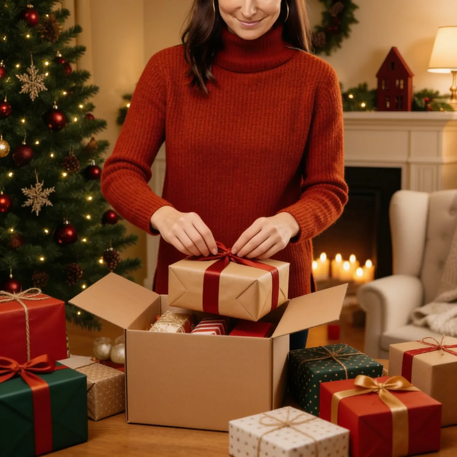 Geöffnete Geschenkbox mit rotem Stern, Schleife und weihnachtlicher Deko