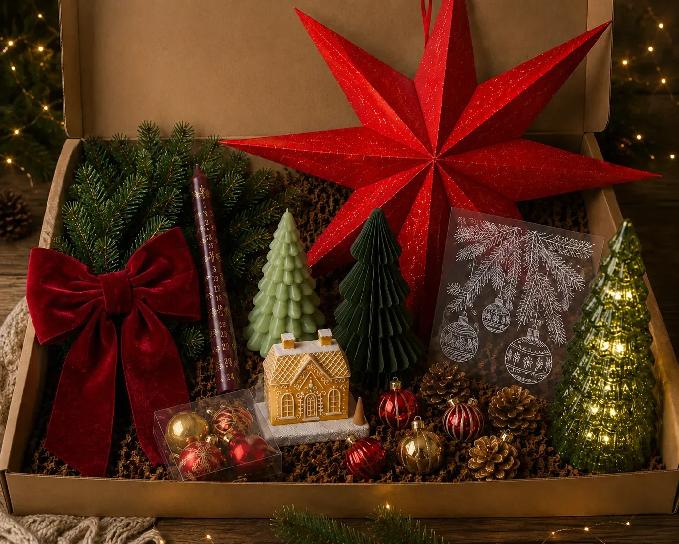 Festliche Geschenkbox mit großem rotem Glitzerstern, Gingerbread-Haus, grünen Papierbäumen, roten und goldenen Weihnachtskugeln, Tannenzweigen und roter Samtschleife.