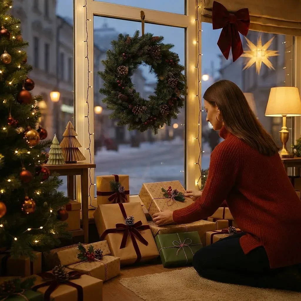 Mary dekoriert einen Weihnachtsbaum beim Schmückservice